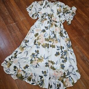 Womens XL Floral White Summer Dress with Ruffle Hem